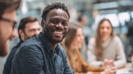 Obraz premium Smiling man in a business meeting with diverse colleagues at work