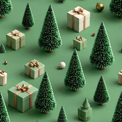 Christmas trees and presents on a green background