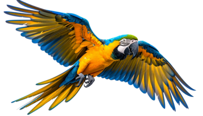 Vibrant blue and yellow macaw bird captured in dynamic flight with wings spread wide