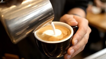 Masterful hands meticulously crafting intricate latte art design on rich coffee beverage