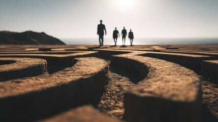 Group of People Walking Through Maze in Desert Landscape at Sunset