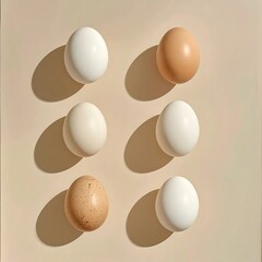 Six eggs, various colors, on beige backdrop, soft shadows