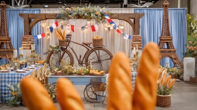 A charming, themed display featuring a bicycle, Eiffel towers, and table settings