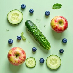 Fresh fruits and vegetables arranged on a pale green background
