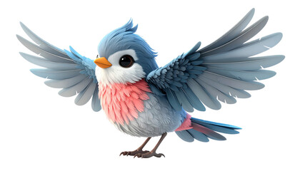 Adorable animated bird with blue and pink feathers spreading its wings, a charming isolated digital illustration.