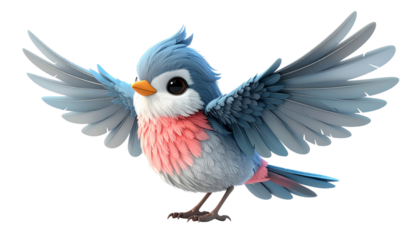 Adorable animated bird with blue and pink feathers spreading its wings, a charming isolated digital illustration.