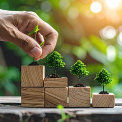 Hand planting young sprout on wooden blocks