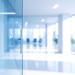 Blurred office hallway, glass doors