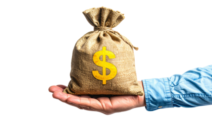 Hand holding a burlap sack adorned with a gold dollar sign, representing wealth and investment concepts in a studio setting.