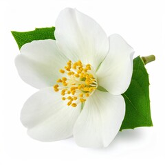 Single white jasmine flower with green leaf