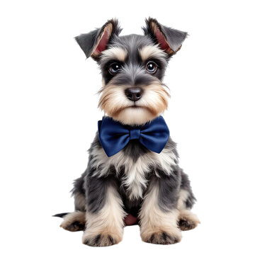 A cute miniature schnauzer puppy wearing a blue bow tie on transparent background