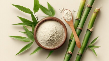 Bamboo powder in wooden bowl with green leaves and stalks
