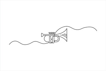 Obraz premium Minimalist continuous one-line drawing of a trumpet emblem with music notes. Sleek black outline vector for jazz, band, and orchestral branding.