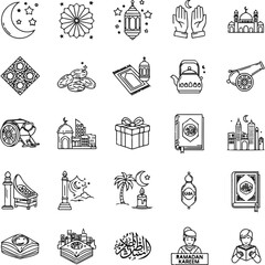 Ramadan Night Lantern Crescent Black Outline Icons © Tanbir