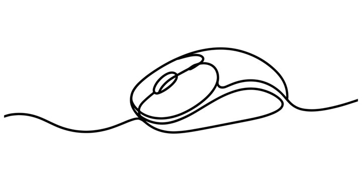 Computer mouse continuous one line drawing, Single line art illustration white background, Drawn continuous one line computer mouse logo, computer mouse equipment continuous line art illustration.