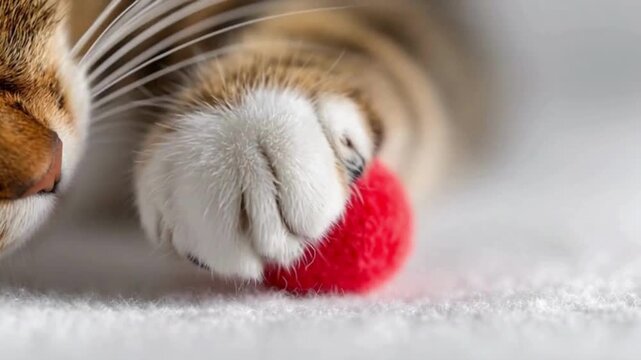 Close-up of playful cat paw holding red fuzzy ball on soft surface