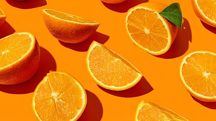 Close-up studio shot of sliced oranges and orange halves on matching orange surface