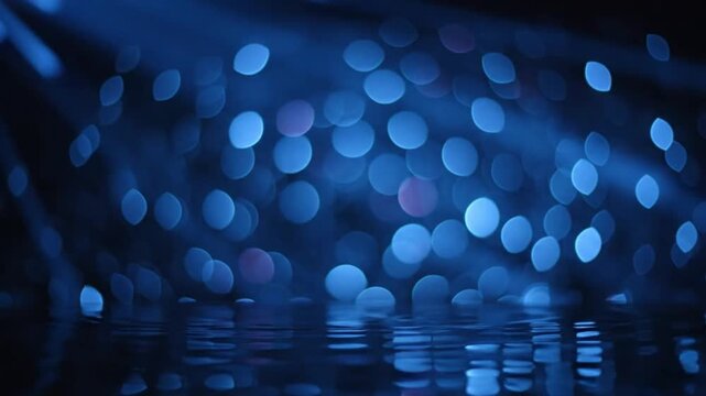 Abstract cinematic blue scene with floating bokeh light beams diffused softly and mirrored on a reflective base creating elegant depth movement and calm emotion high quality no noise
