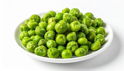Bowl of green spicy wasabi coated peas isolated on white
