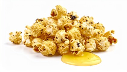 Sweet golden caramel coated popcorn isolated on white background