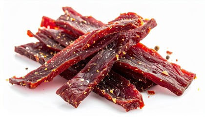 Dried beef jerky meat strips isolated on white background