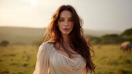Serene Elegance in Savannah: A portrait of a woman of captivating beauty set against a backdrop of the serene african landscape, her gaze intense, emanating a sense of peace.
