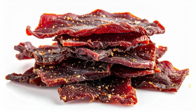 Square sheets of dried spicy beef jerky isolated on white