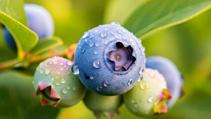 Fresh Blueberries with Crystal Water Droplets on Vibrant Green Leaves Macro Shot