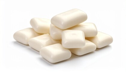 Heap of white square chewing gum pads isolated on white