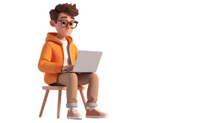 Smiling young man focused on laptop, working from stool in 3D illustration