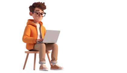 Smiling young man focused on laptop, working from stool in 3D illustration