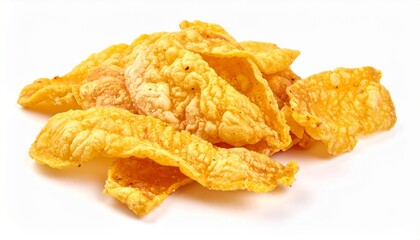 Crispy fried chicken skin or pork rinds isolated on white
