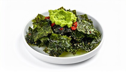 Bowl of healthy green baked kale chips isolated on white