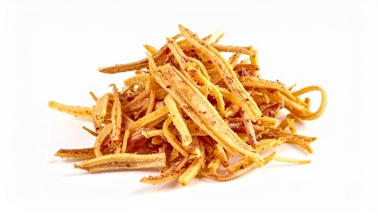 Shredded dried squid or cuttlefish savory snack isolated on white