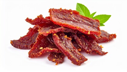 Spicy red chili coated beef jerky meat isolated on white