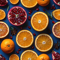 Fresh citrus and pomegranate slices arranged on a deep blue background