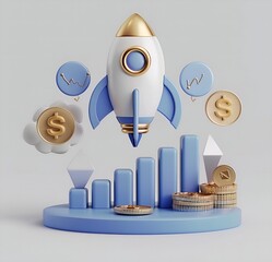 A 3D illustration of a rocket ship launching upwards with financial growth symbols