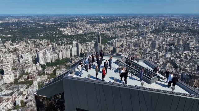 This breathtaking video offers a panoramic view from atop a skyscraper, showcasing a vibrant city skyline. Visitors are seen enjoying the stunning scenery, emphasizing the beauty and scale of urban li