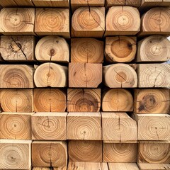 Stacked wooden beams, close-up view of cut logs