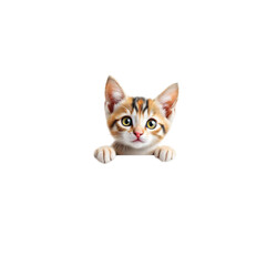 A curious calico cat peeking over an edge on transparent background