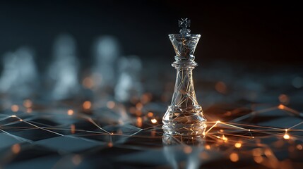 Close-up of a clear crystal king chess piece in focus, others blurred in the background