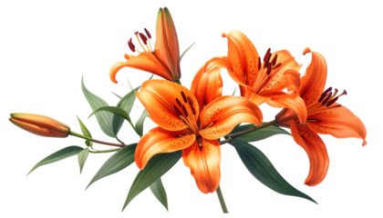 Detailed Botanical Illustration of Vibrant Orange Lilies and a Bud with Green Leaves