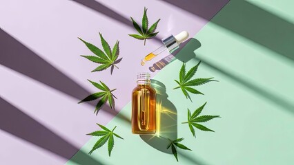 CBD Oil Dropper Bottle with Falling Cannabis Leaves on Vibrant Purple Green Gradient