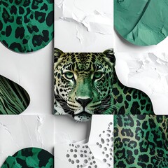 Abstract design with a leopard motif on a white textured background.  Green and gold leopard print, geometric shapes, and crumpled paper