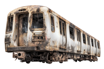 A weathered subway car ravaged by time and fire, appearing desolate and abandoned