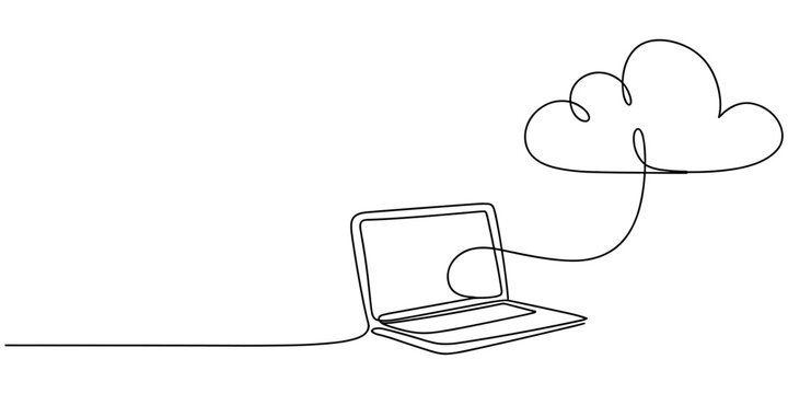 Laptop computer with cloud icon, Digital technologies. Continuous One line drawing of Exchange of information between the laptop and the cloud. A laptop glow downloads files into the cloud storage.