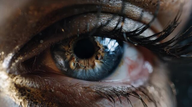 Macro view of a colorful eye with intricate patterns and textures highlighting the mesmerizing details of the iris and lashes