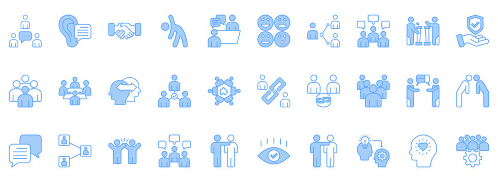 Human Interaction Icon Set. Contains Icons That Are Relevant For Business. Designed In Vector Lineal Blue Style