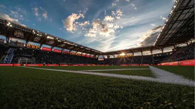 Wide angle cinematic photo of a vast empty soccer stadium field during sunset, sports venue viewed from ground level corner