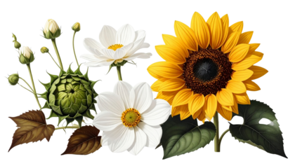 Vibrant botanical illustration of a sunflower, white daisies, and thistle buds